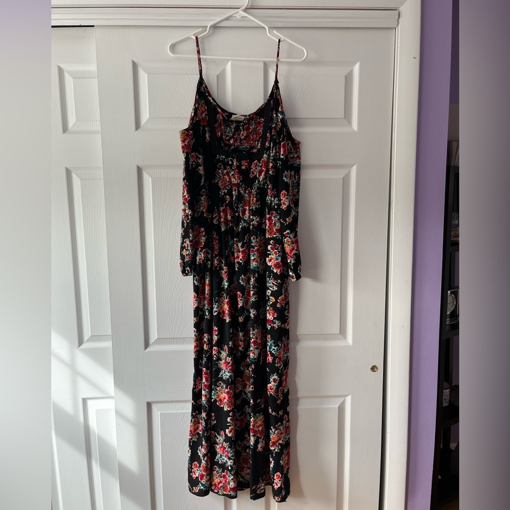 Black floral long sleeve sundress with cold shoulder and straps